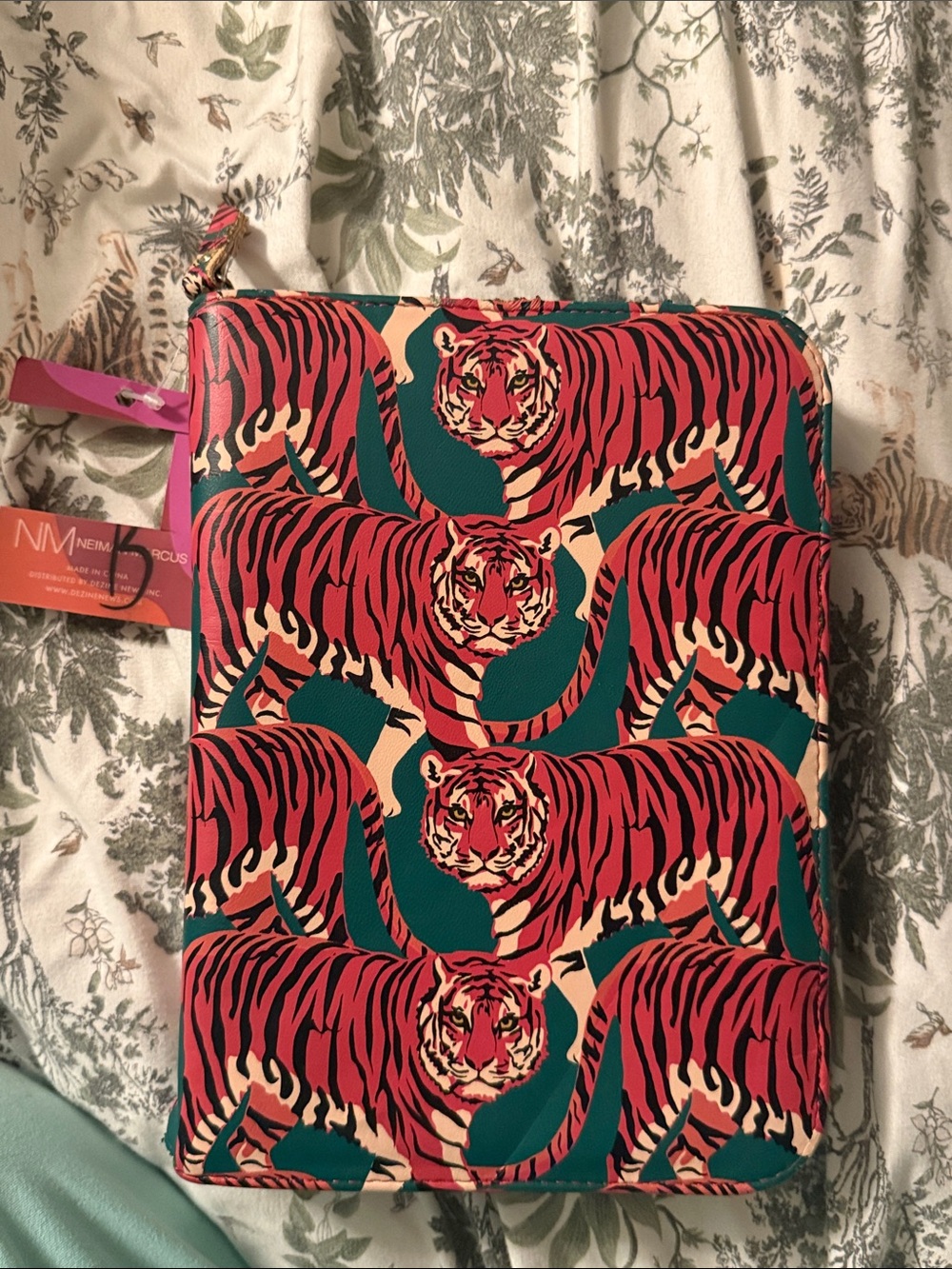 Neiman Marcus Pink and Teal Tiger-Print Cosmetic Pouch